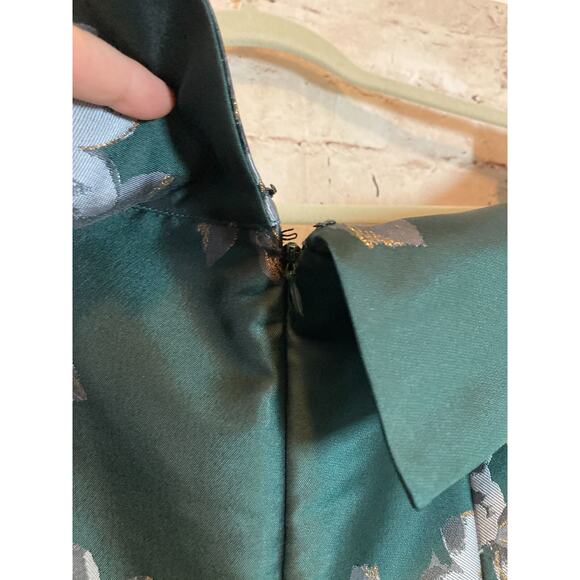 Eliza J Dress Womens 12 Petite‎ Forest Green Floral Gold Glitter Belted Party - Picture 15 of 16